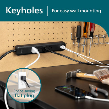 Philips 6 Outlet Power Strip Surge Protector, 6 Ft Power Cord, Designer Braided Extension Cord, Flat Plug, Perfect for Office or Home Décor, 1080 Joules, White, SPC3054WA/37