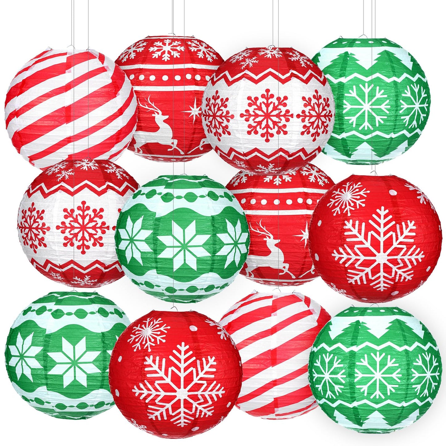 Bencailor 12 Pcs Summer Christmas Hanging Paper Lanterns Set Xmas Decorative Party Round Hanging Lamps for Summer Xmas Home Decoration Supplies Props Holiday Decor(12 Inch,Noble)