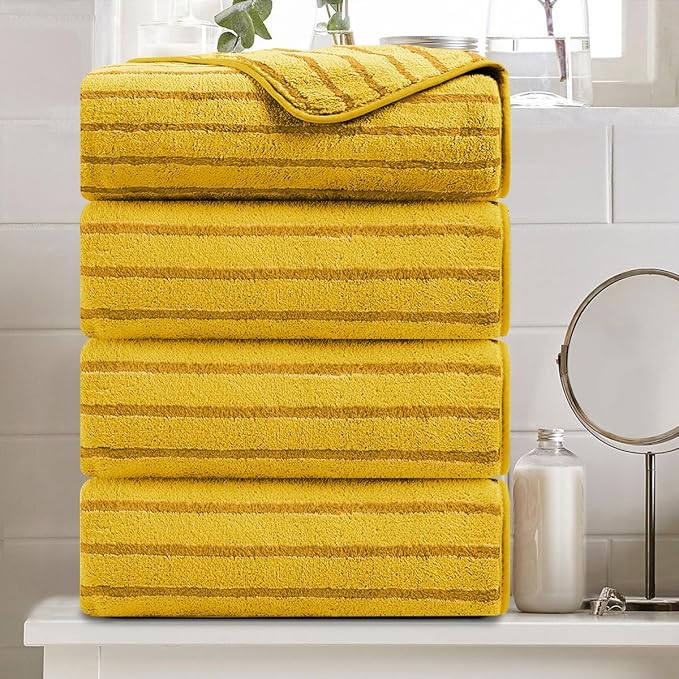 4 Pcs Yellow Cabana Stripe Large Bath Towels 35"x70" Oversized Bath Sheet Super