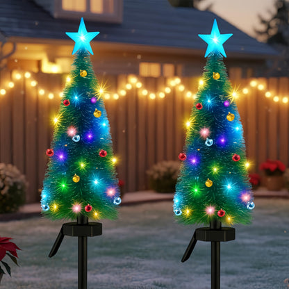 Solar Christmas Tree Outdoor Christmas Decorations, Small Xmas Tree Lights with 24 Mini Bells & 1 DIY Big Bell,Waterproof Solar Christmas Lights for Yard Front Porch Pathway Grave Cemetery Decor