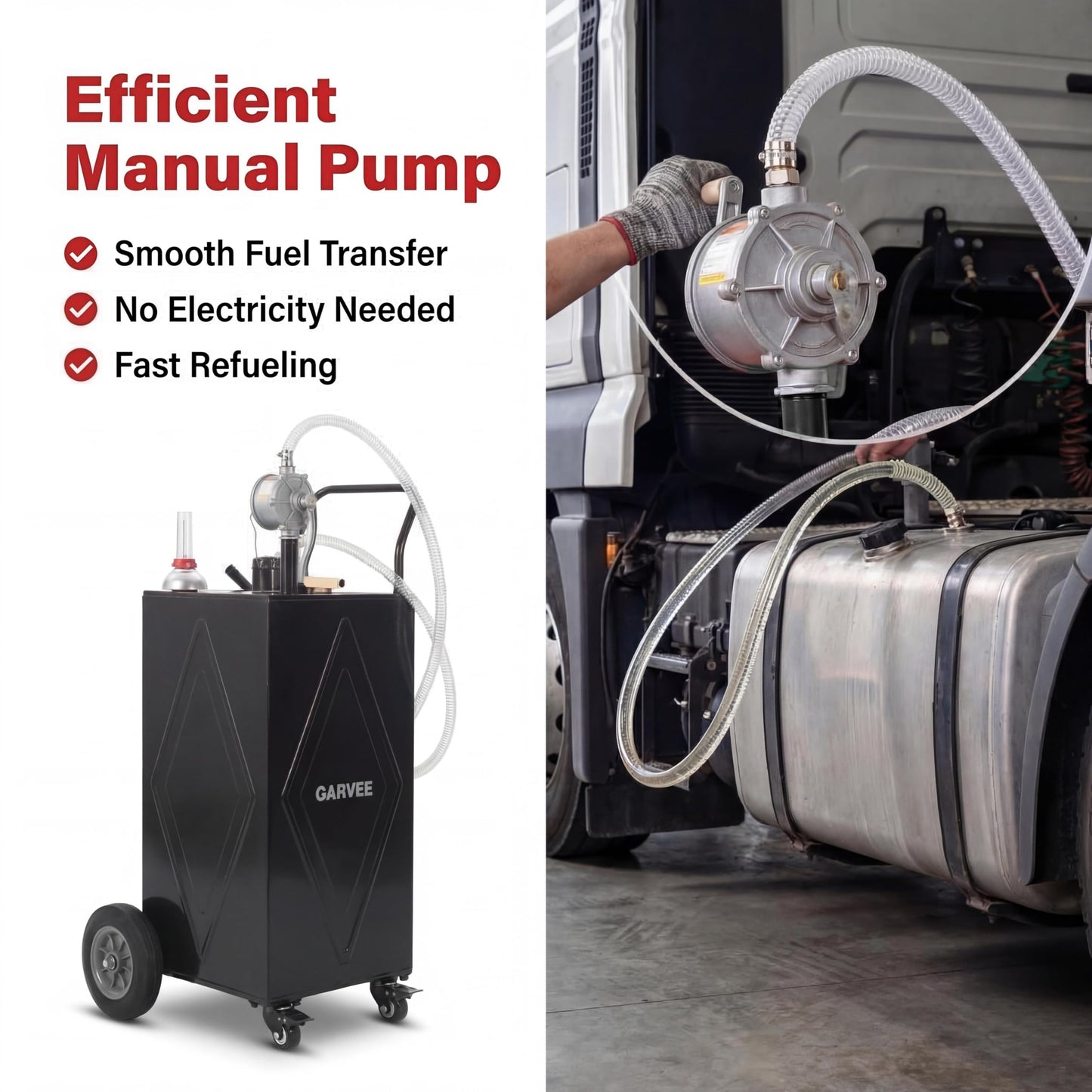 GarveeTech 35 Gallon Fuel Caddy with Manual Pump, Portable Fuel Transfer Tank on Wheels, Heavy Duty Gasoline & Diesel Storage Container for Trucks, Boats, ATVs, Lawn Mowers, Farm Equipment - Black