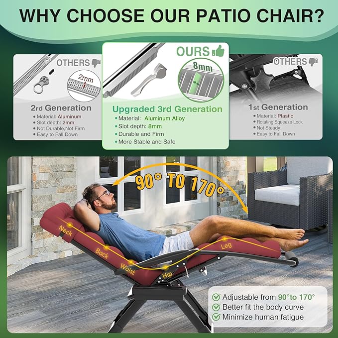 Suteck Oversized Zero Gravity Chair,33In XXL Lounge Chair w/Removable Cushion&Headrest, Reclining Camping Chair w/Upgraded Lock and Footrest, Reclining Patio Chairs Recliner for Indoor Outdoor,500LBS