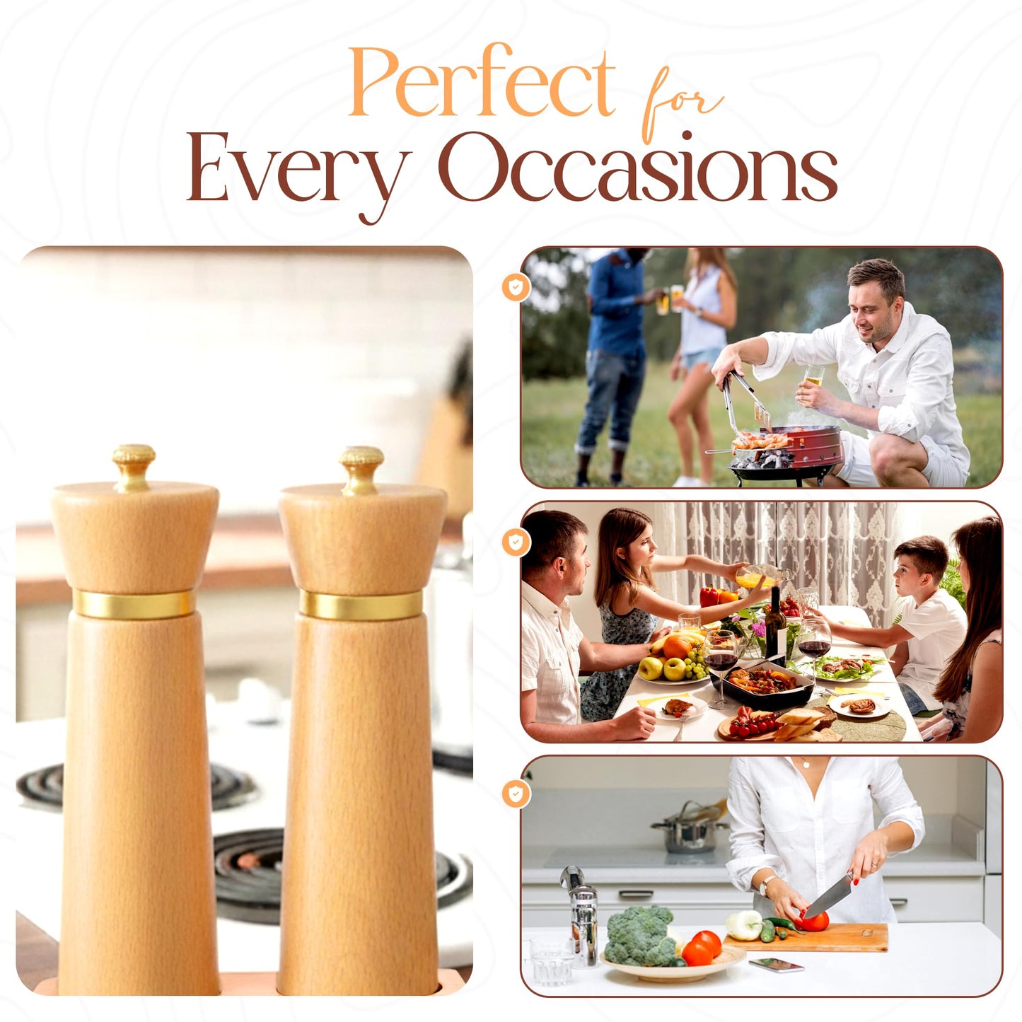 Besti Wooden Salt and Pepper Grinder Set with Tray - Striped Acacia Refillable Grinders for Salt, Pepper, Seasonings, Reusable Pepper & Salt Mill - Kitchen & Dining Table (7" Beech)