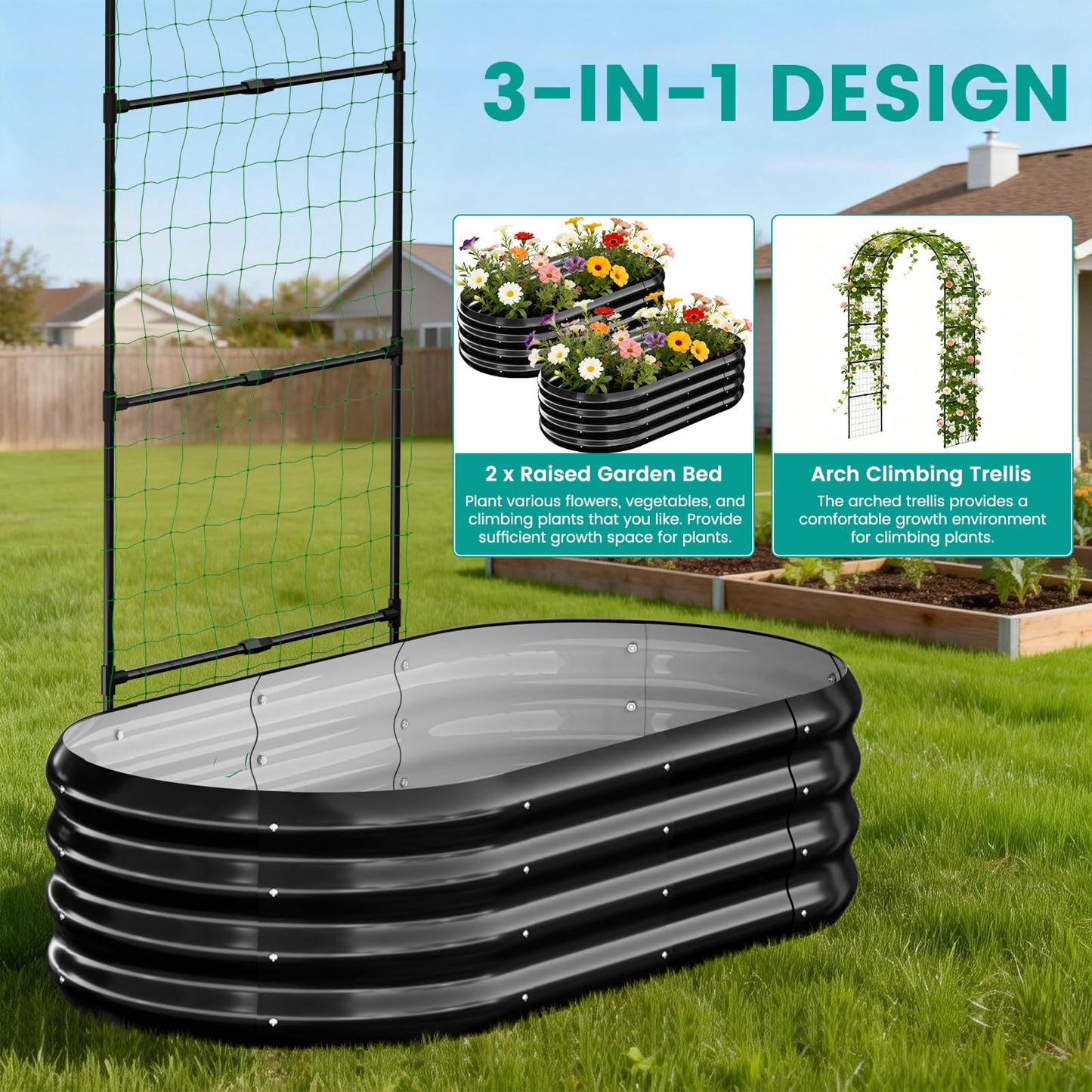 SUNYRISY Galvanized Raised Garden Bed with 87" H Arch Trellis for Climbing Plants Outdoor, Metal Planter Box with Netting for Gardening Flowers Vegetables Fruit Herb, Black