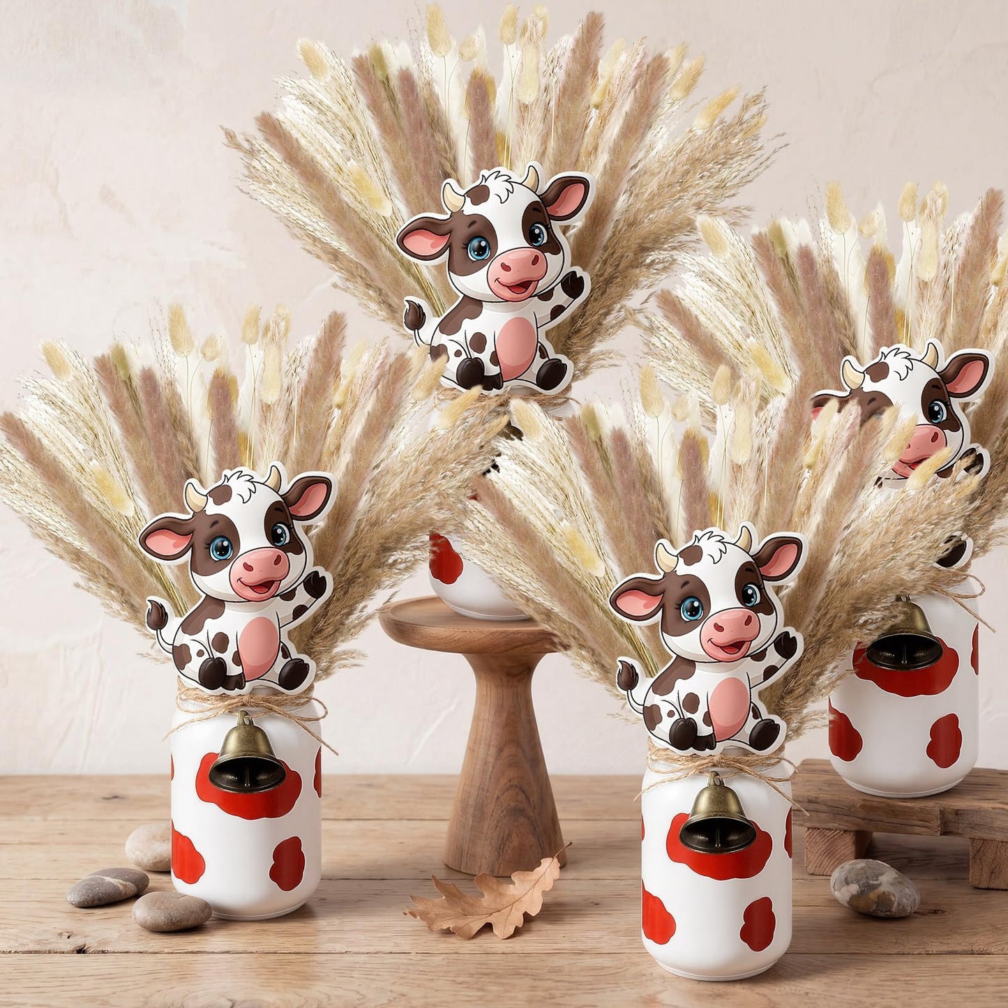 Ferrochef 4 Sets Farm Theme Centerpieces Cow Birthday Party Decorations for Tables, 119 Pcs Farm Party Decoration Include Mason Jars Bell Dried Pampas Grass Kit for Birthday Baby Shower(Brown)