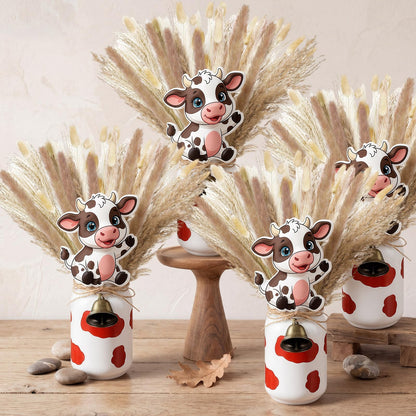 Ferrochef 4 Sets Farm Theme Centerpieces Cow Birthday Party Decorations for Tables, 119 Pcs Farm Party Decoration Include Mason Jars Bell Dried Pampas Grass Kit for Birthday Baby Shower(Brown)