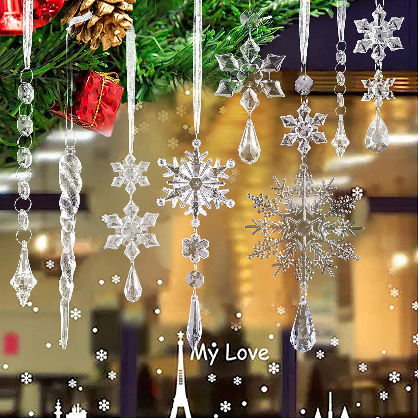 CCINEE 32pcs Crystal Hanging Ornaments, Acrylic Snowflakes Decorations for Valentine Easter Tree for Winter Wonderland Wedding Parties Home Pendants