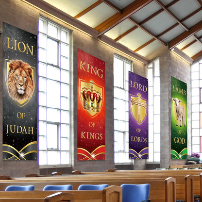 4Pcs Church Banners for Sanctuary Wall Welcome Religious Christmas Banners Hanging Backdrop Lion King Lord Lamb Church Banner Scripture Christmas Porch Signs for Holiday Church School Nativity Decor