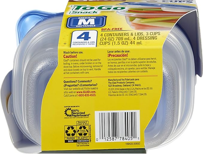 GladWare To Go Snack Food Storage Containers, Medium Rectangle Holds 24 Ounces