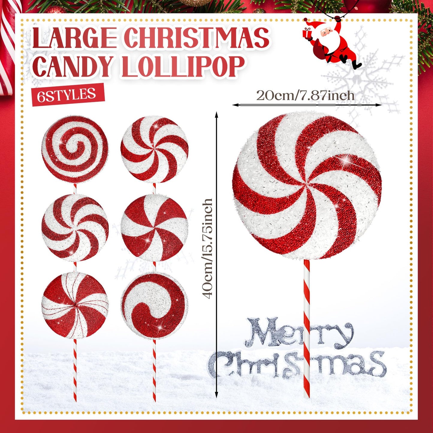 Vercraft 12 Pcs 15.75'' Large Candy Cane Christmas Decorations Giant Lollipop Candy Xmas Decorations with Sticks Red and White Peppermint Decor for Christmas Tree Ornaments Party, 12 Styles