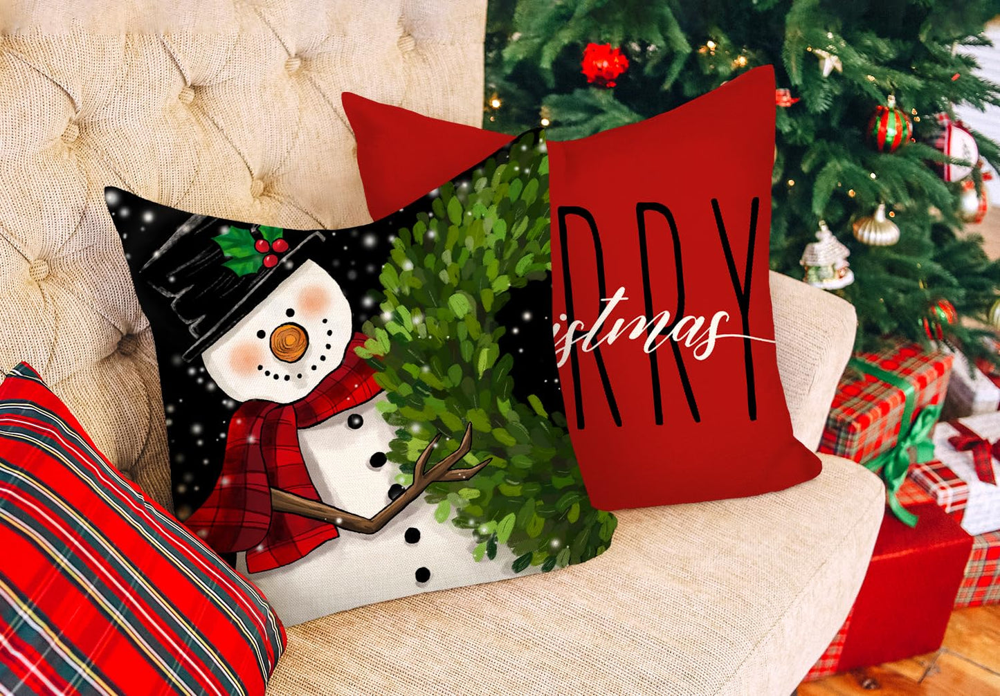 Red Black Christmas Pillow Covers 18x18 Set of 4 Farmhouse Xmas Decorations Snowman Wreath Santa Claus Tree Merry Christmas Holly Jolly Winter Holiday Decor Throw Cushion Case for Home Couch S24C27