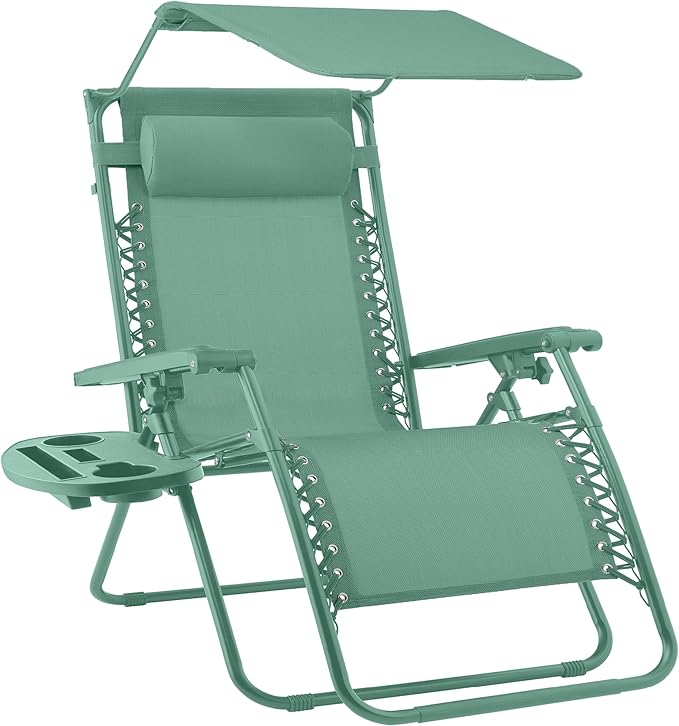 Best Choice Products Folding Zero Gravity Outdoor Recliner Patio Lounge Chair w/Adjustable Canopy Shade, Headrest, Side Accessory Tray, Textilene Mesh - Seafoam