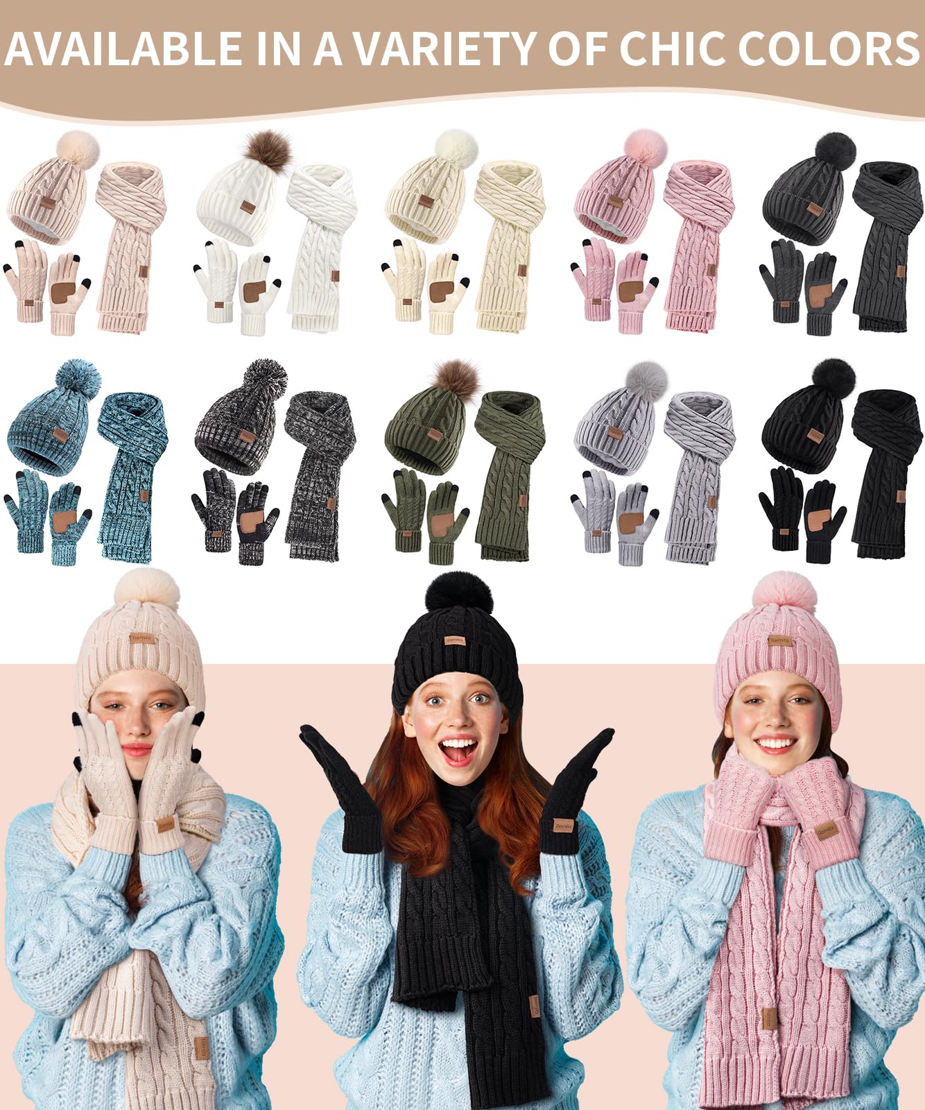 Women Beanie Hat Scarf Gloves Set, 3 PCS Winter Warm Pom Pom Beanie Hat Skull Cap Long Knit Neck Scarf & Touchscreen Gloves Set for Cold Weather, Christmas Holiday Gifts for Mom Wife Friend Sister Her