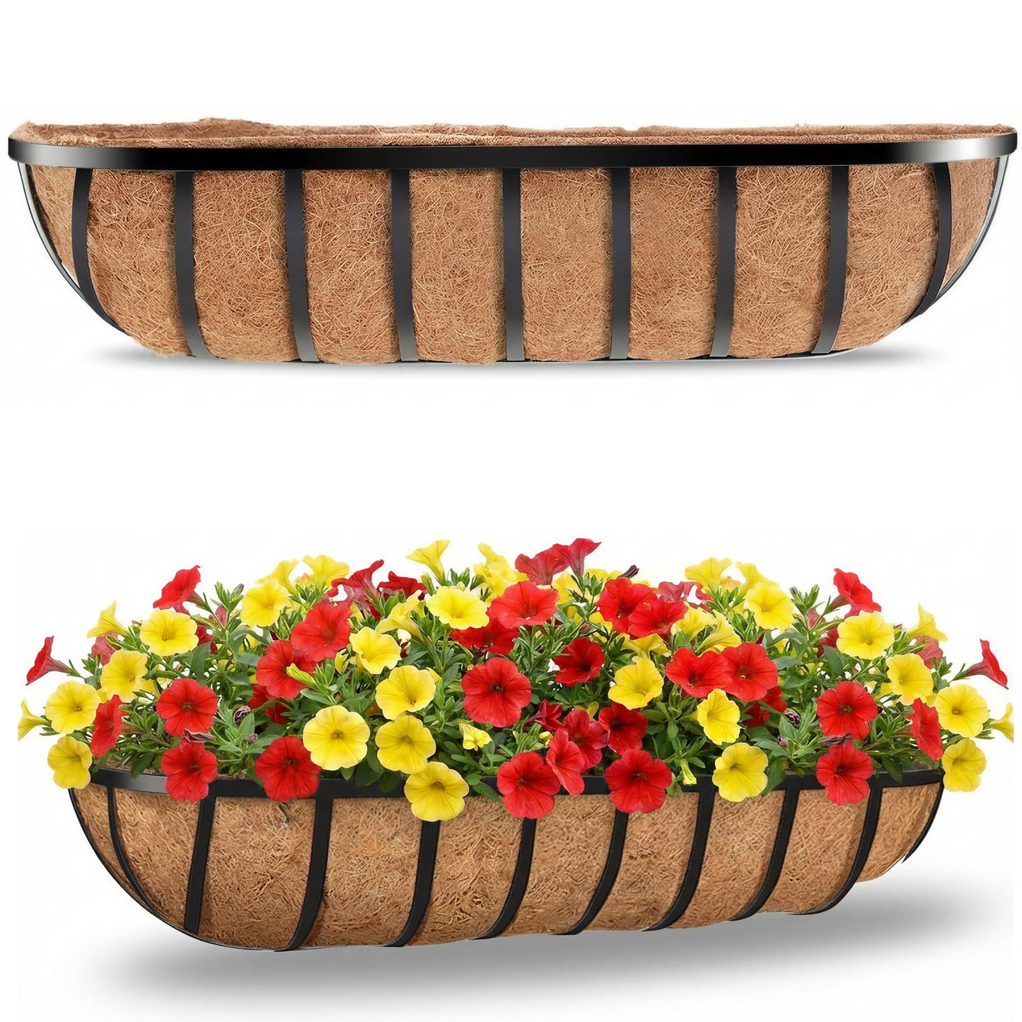 LAWYAMAI 30 Inch 2 PCS Window Box Deck Railing Planter with Coco Liners, Hanging Flower Planters Black Metal Baskets for Indoor Outdoor, Balcony, Porch, Fence, Lawn and Patio