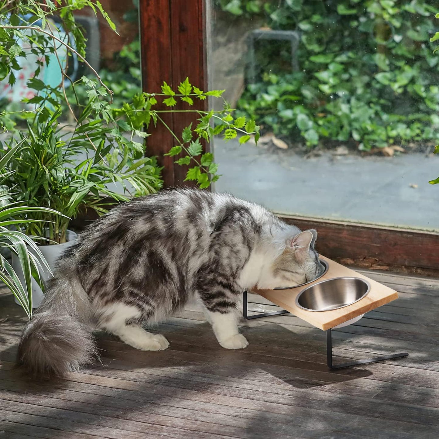 Elevated Cat Bowls, Small Dog 15° Tilted Raised Stainless Steel Bowl Stand, Solid Bamboo Food Water Bowl Set Feeding Station for Pets