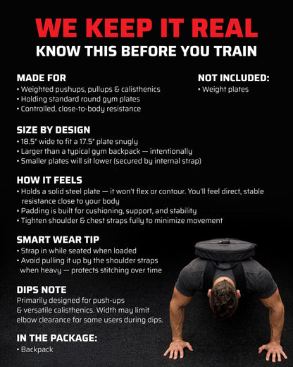 THEFITGUY Weighted Backpack for Gym Weight Plate - for Pushups, Calf Raises, Squats, Wear on Back or Front, Fits Up to 17.5” Diameter, 2.5” Thick Plate, Padded Straps & Secure Buckles - For Home & Gym
