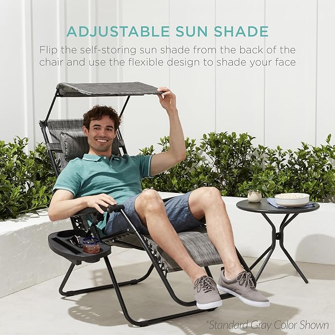 Best Choice Products 30” Wide Folding Zero Gravity Outdoor Recliner Patio Lounge Chair w/Adjustable Canopy Shade, Headrest, Side Accessory Tray - American Flag
