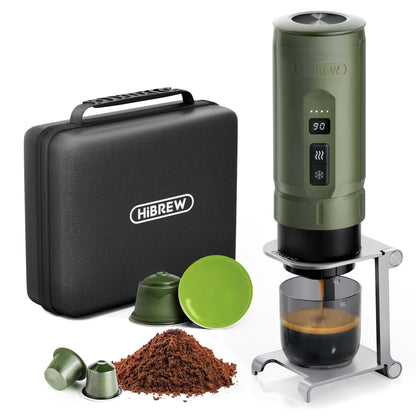 HIBREW H4C Explorer - Portable Electric Espresso Machine, USB-C Rechargeable Coffee Machine for Camping and Travel, Compact for Capsules & Ground Coffee, with Foldable Holder & Carrying Case (Green)