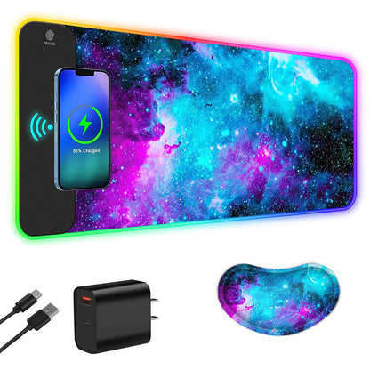 ToLuLu Wireless Charging RGB Gaming Mouse Pad, 15W LED Mouse Mat with 30W Charger, 14 Light Modes Large Mousepad with Wrist Support, Non-Slip Rubber Base Desk Mat Computer Keyboard Pad, Galaxy Nebula
