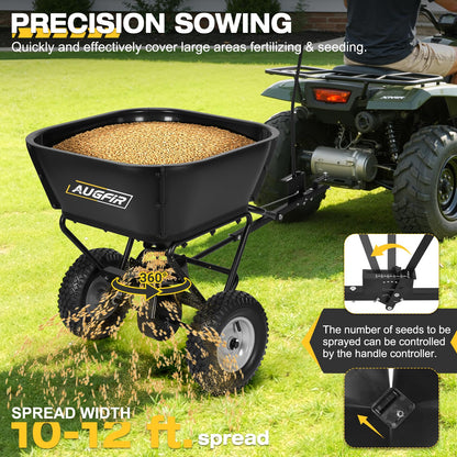 AugFir Tow Behind Broadcast Spreader, 130 LBS Capacity Lawn Fertilizer Spreader for Riding Mower, ATV, UTV & Tractor, 12 FT Spread Width Pull Behind Spreader Seeder for Grass Seed, Salt, Ice Melt