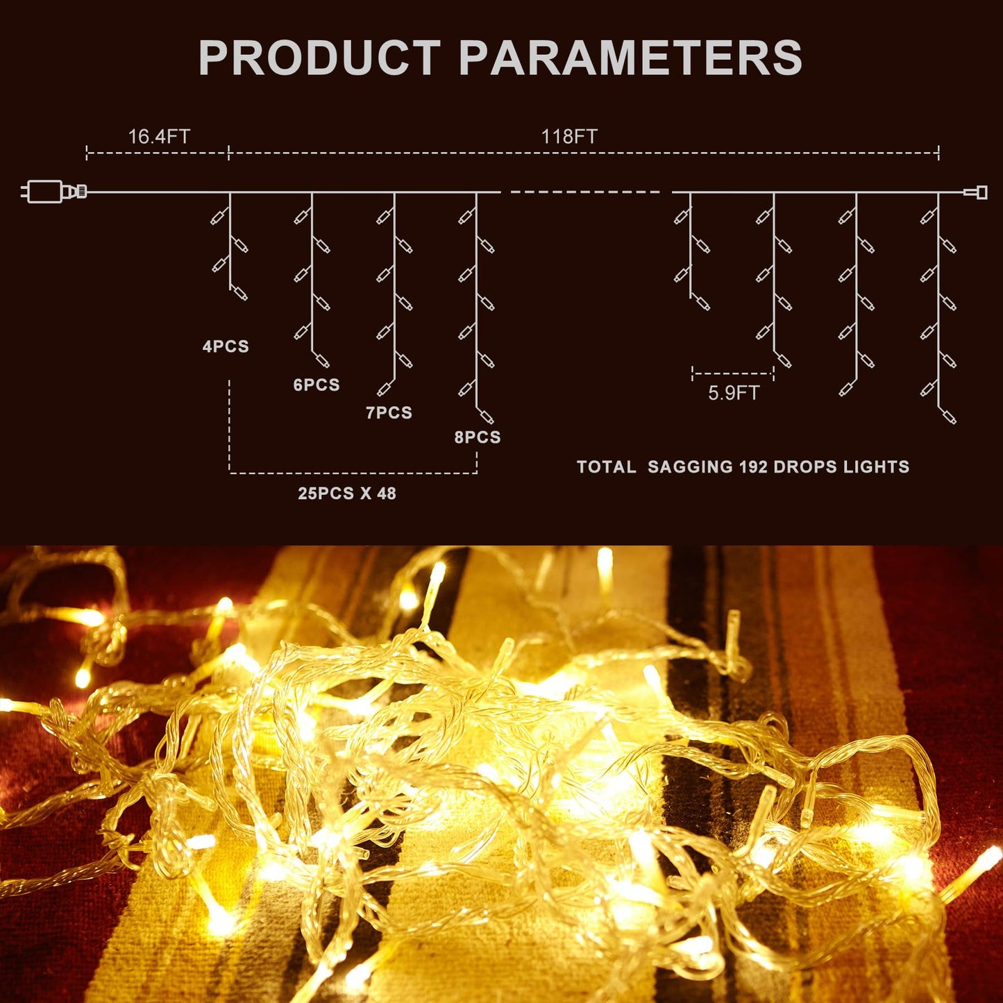 LED Icicle Lights for Outdoor Christmas Decorations,118Ft 1200 LEDs Christmas Fairy Light with Timer&Memory Function,8 Lighting Modes,Plug in hanging Curtain Lights for Xmas Party Wedding(Warm White)
