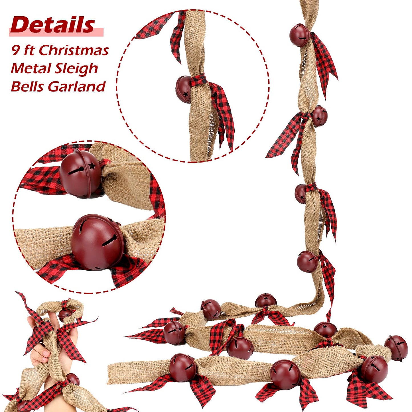 9 FT Christmas Rustic Burlap Garland Metal Sleigh Bells Garland Plaid Ribbon Country Charm Jingle Bells Hanging Checked Buffalo Decor for Christmas Holiday (Black and Red)