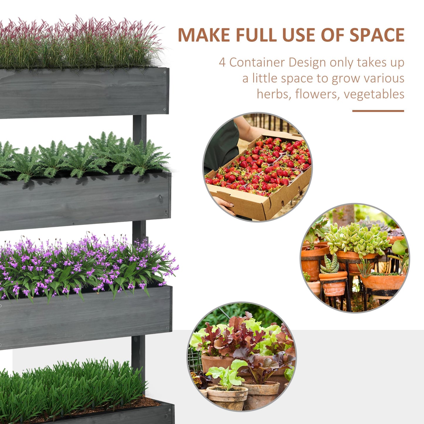 Outsunny Vertical 4 Tier Raised Garden Bed, Wooden Planter Box, Self-Draining with Bed Liner for Indoor Outdoor Flowers, Vegetables and Herbs, Gray