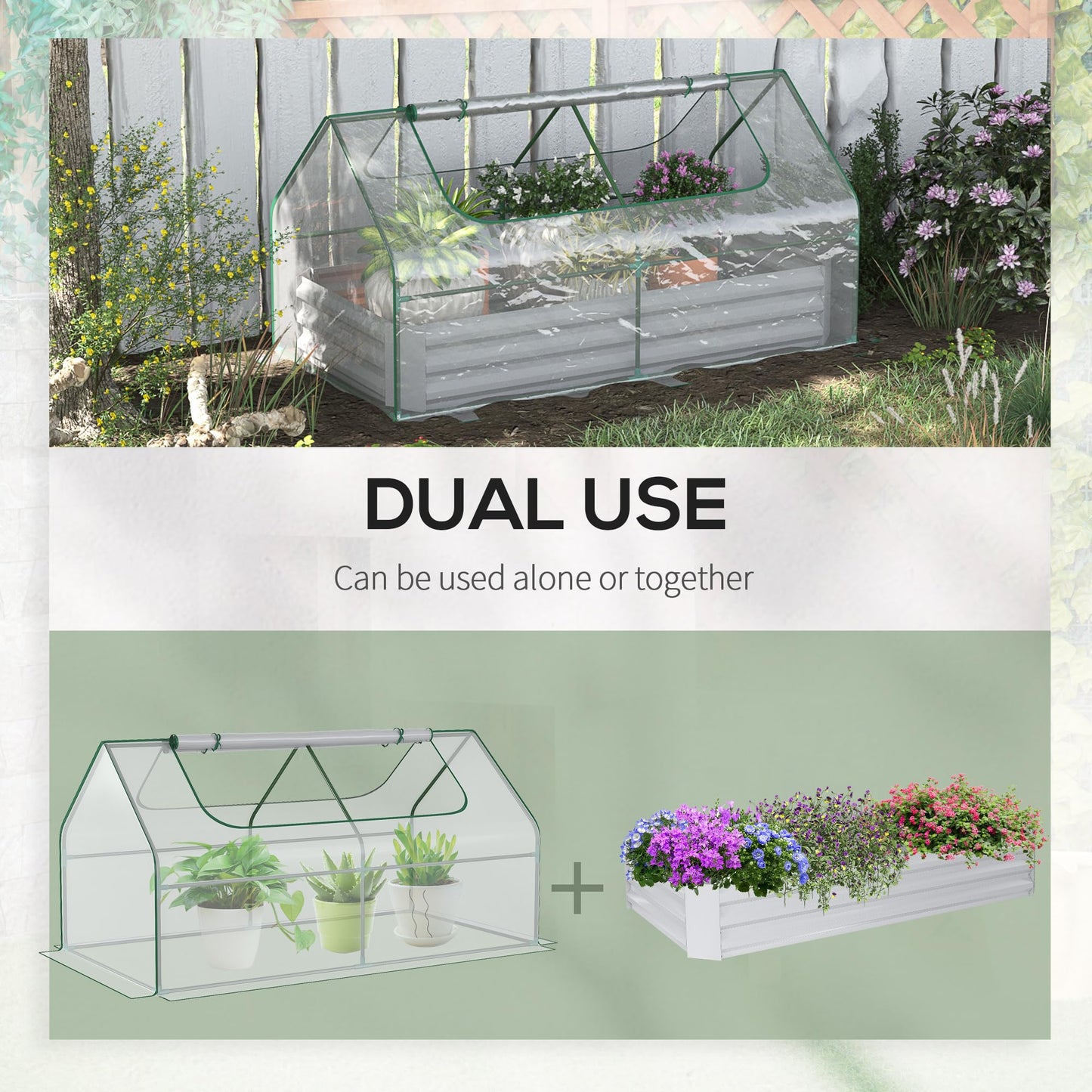 6' x 3' Galvanized Raised Garden Bed with PVC Greenhouse Cover, Outdoor Metal Planter Box with 2 Roll Up Windows for Growing Flowers, Fruits, Vegetables and Herbs, Light Gray