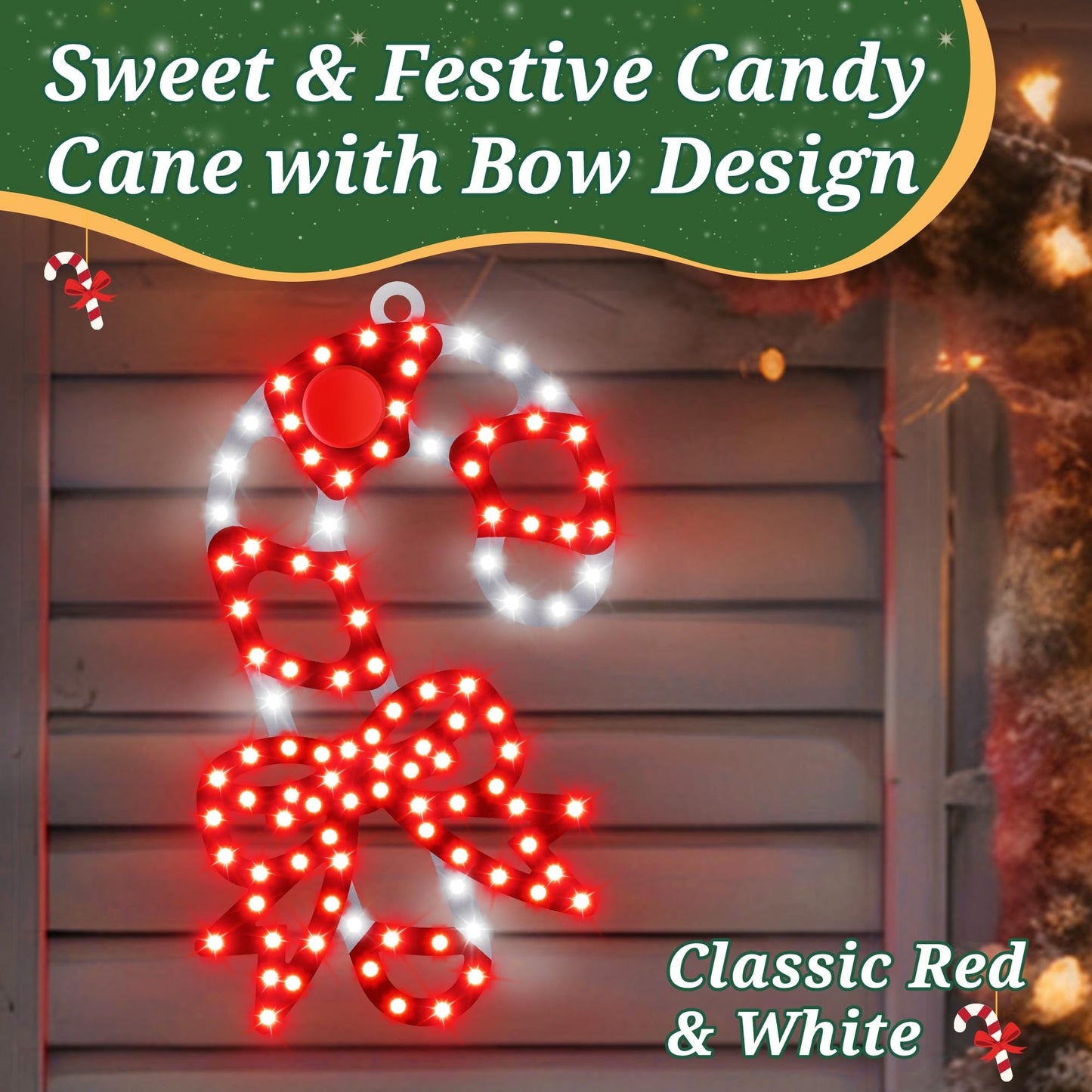 HappyAlley 3 Pack Christmas Window Decorations, 10 in. 300 LED Hi Vibrant Twinkling Lighted Candy Cane Window Light with Bows, Waterproof Outdoor Red and White Candy Cane Decorations for Walls, Porch