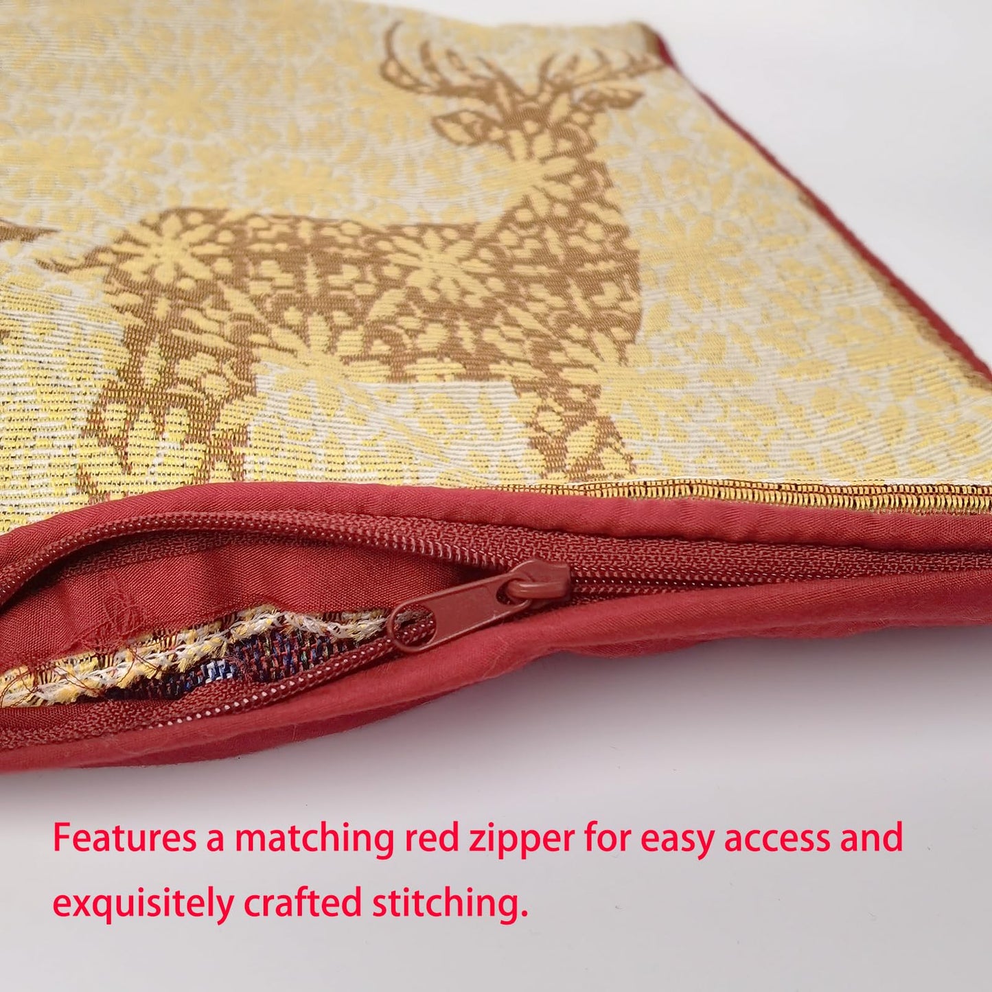 Christmas Tapestry Throw Pillow Cover 16x16 Inch - Festive Woven Jacquard Reindeer Cushion Case - Red Piping, Hidden Zipper - Decorative Holiday Home Decor for Sofa/Couch