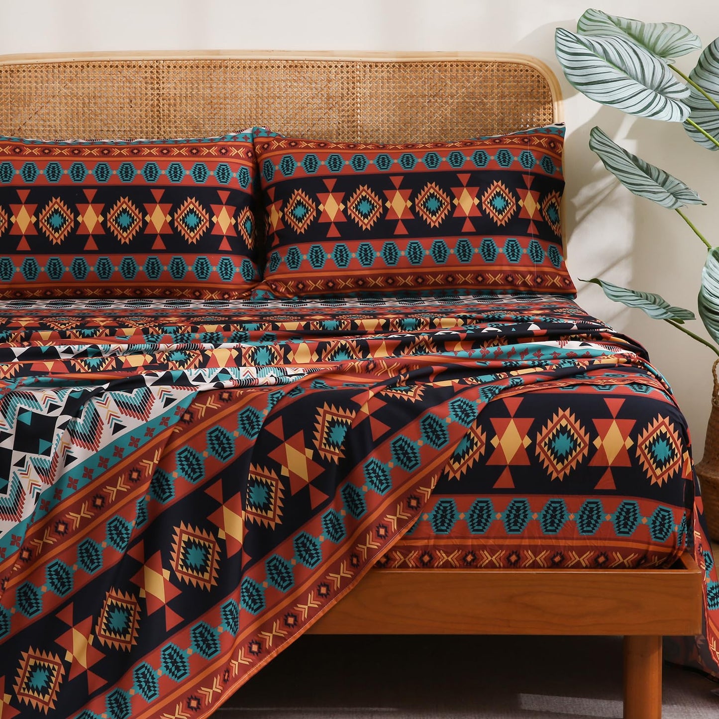 CozySmile 4 Pieces Queen Sheet Set Bohemian, Boho Sheets Soft Microfiber Deep Pocket, Western Sheets Geometric(Queen, Multicolor Tribal)