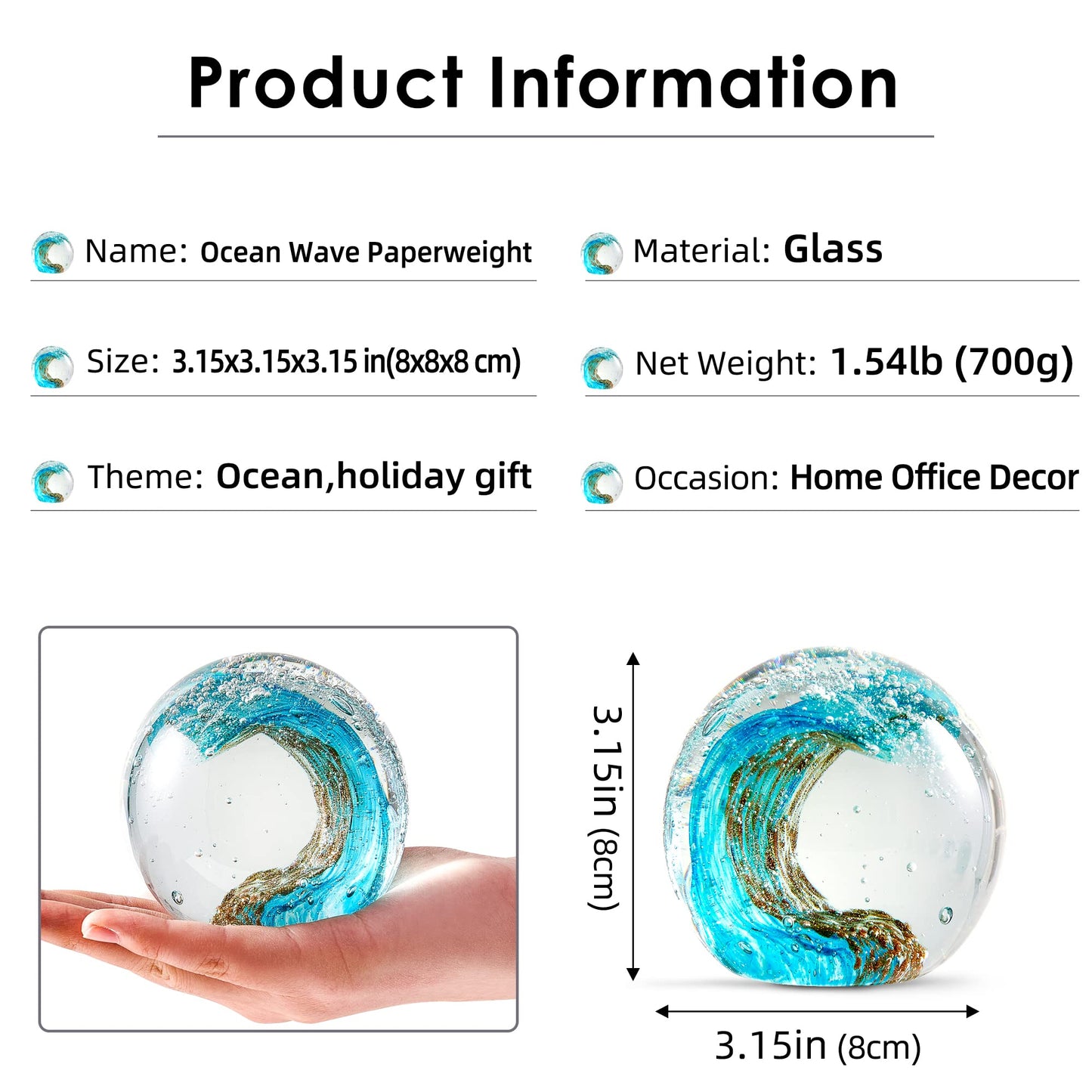 EUSTUMA Hand Blown Glass Figurines Ball Ocean Waves,Office Paperweight Glass for Desk,Home Decor Collectible,Aquarium Decor,Office Decor Ocean Lovers (Waves)