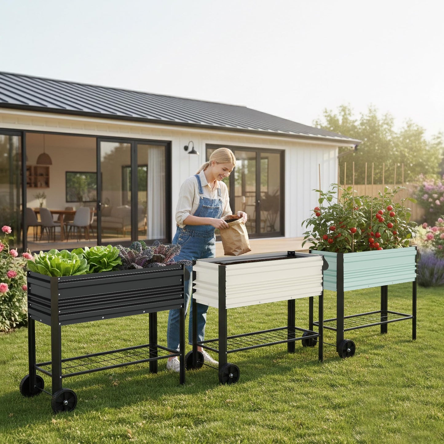WORKPRO Galvanized Raised Garden Bed with Legs & Wheels, 37x14.6x31.6in, 400LB Capacity Elevated Planter Box for Garden, Backyard, Patio & Deck, White