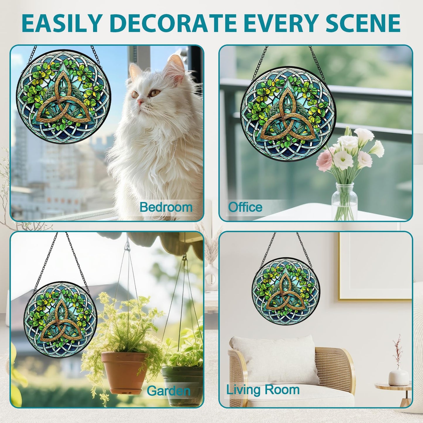 Celtic Knot Stained Glass Window Hanging, Suncatcher Diamond Glass Panel Hangings, Sun Catchers Indoor Windows Wall Art Decoration, Christmas Decor for Home Office Garden Green 7.87 inches