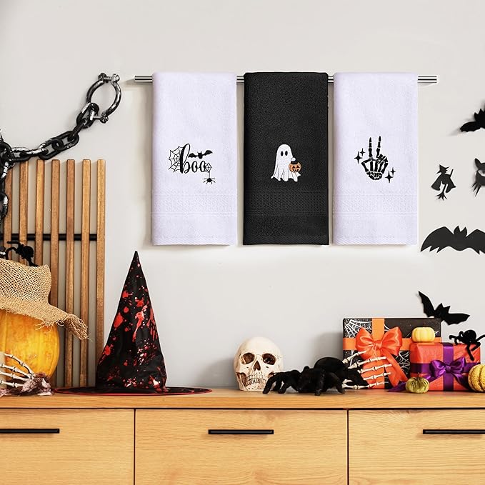 3 Pcs Halloween Hand Towels for Bathroom, Boo Ghost Black White Embroidered