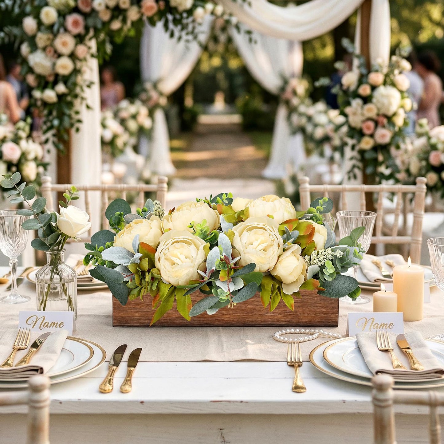 Scawim Flower Table Centerpieces for Dining Room, Summer Artificial Peony Table Centerpieces Wood Tray with Fake Flowers for Wedding Living Room Party Bar Kitchen Table(Champagne)