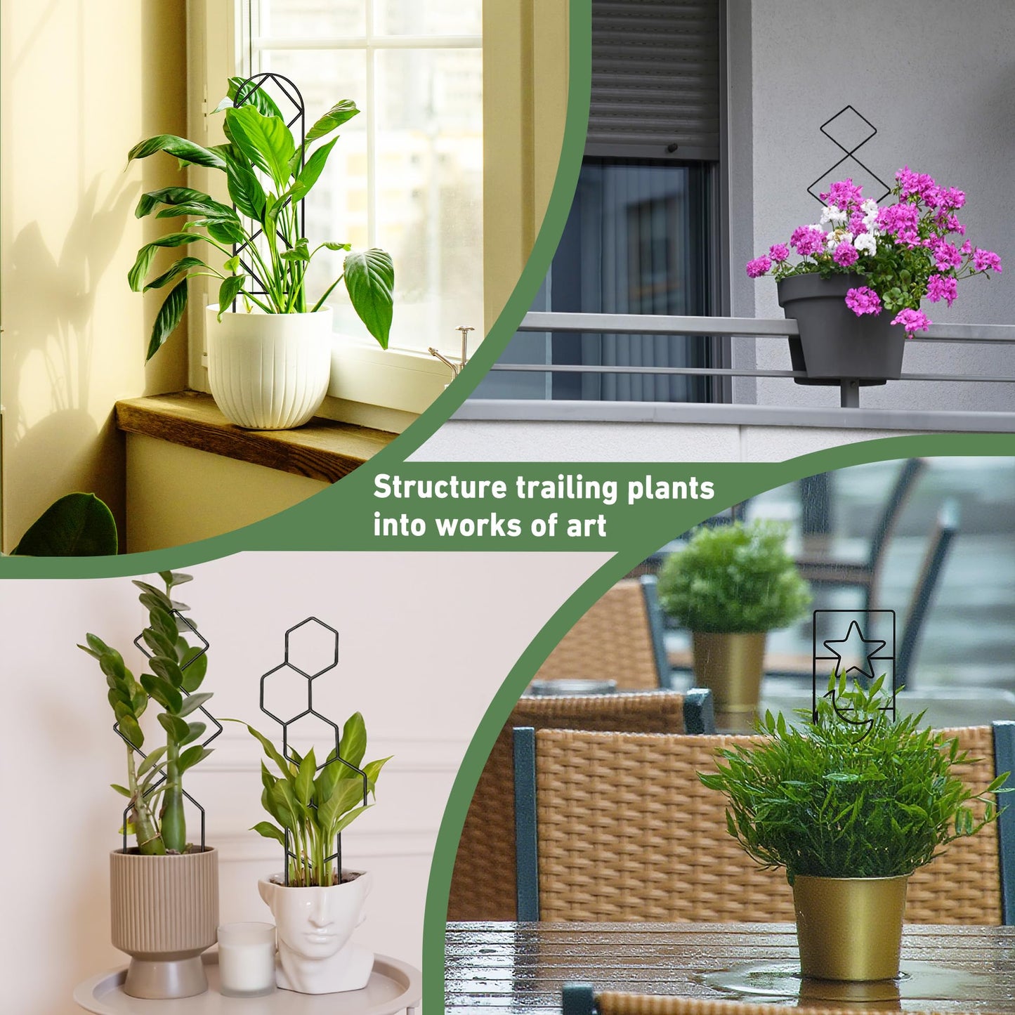 Coomin Small Plant Trellis for Potted Plants, 15in Plant Trellis Indoor, Mini Trellis for Climbing Plants for Hoya Pothos with Ties, Black