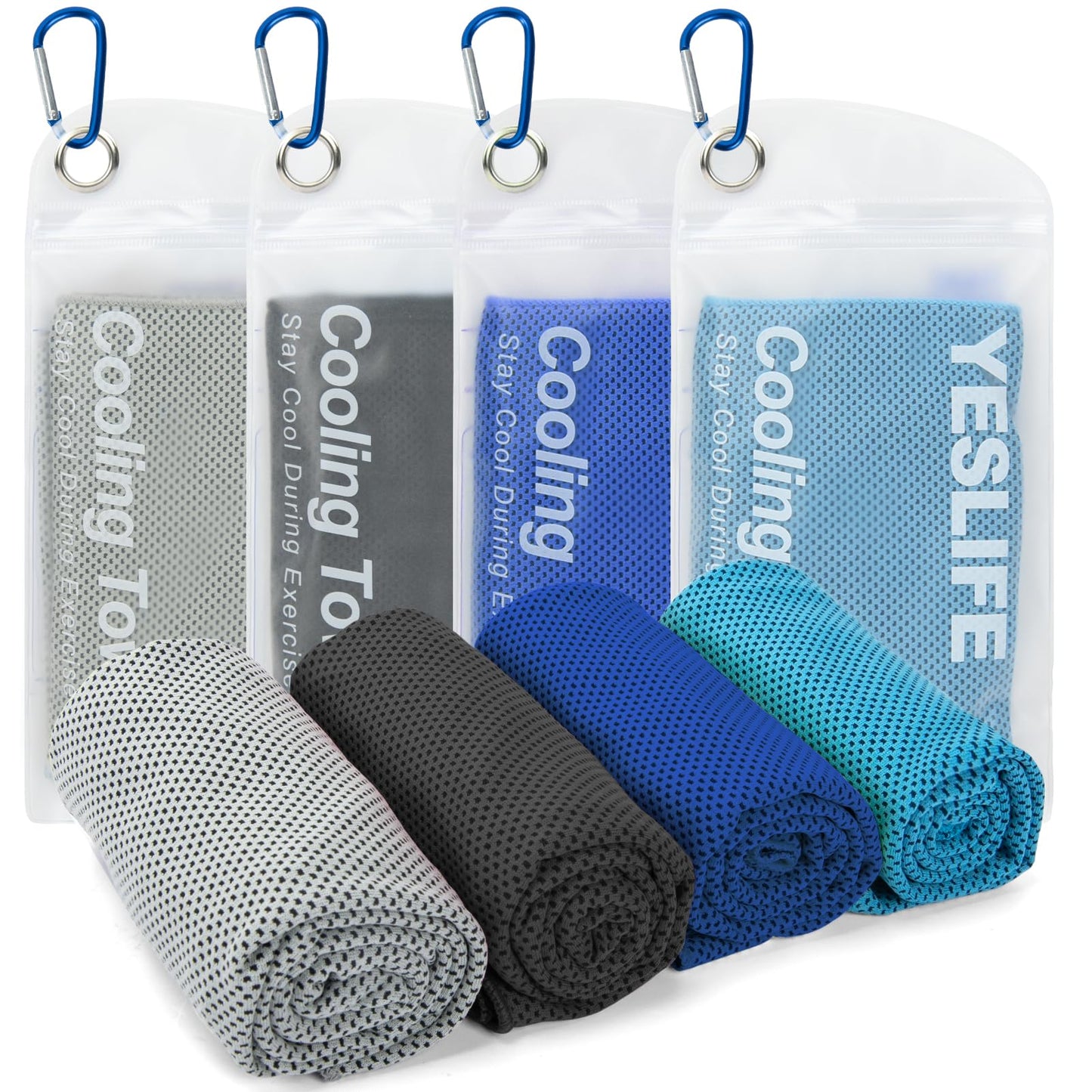 YESLIFE 4 Pack Cooling Towel 40"x12", Gym Towels for Men and Women, Soft Breathable Workout Towels for Yoga, Running, Sport, & More (Black, Dark Blue, Blue, Grey)
