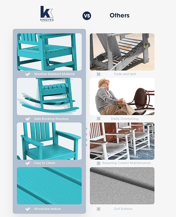 KINGYES HDPE Rocking Chairs Outdoor, Patio Rocking Chairs with 330lbs Support, Smooth Porch Rocker for Deck Lawn Yard, Aruba Blue