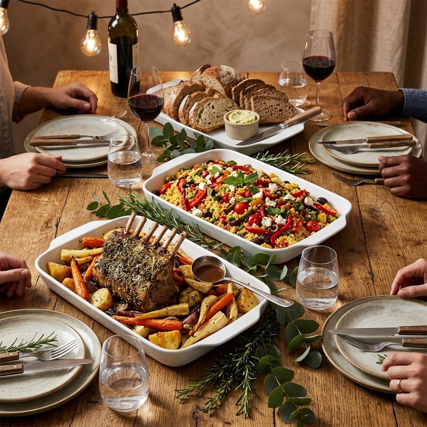 Dizada Large Serving Platter with Handles 16"x9" - White Porcelain Serving Trays Set of 3, Rectangular Platters for Entertaining, Party, Appetizer, Charcuterie
