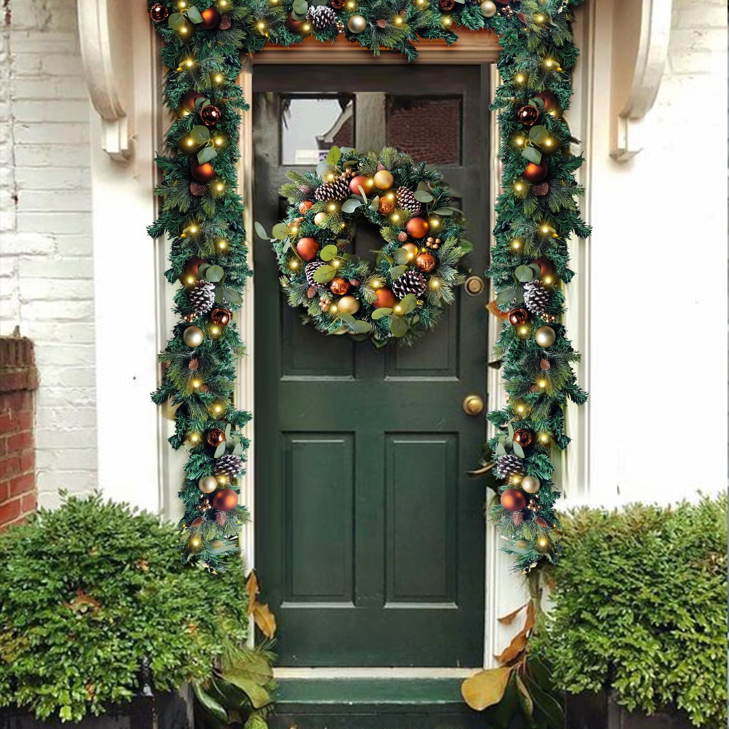 WANNA-CUL Pre-Lit 20 Inch Lighted Christmas Wreath for Front Door Decoration with Copper Gold Christmas Ball Ornaments,Battery Operated 30 LED Lights