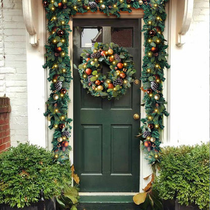 WANNA-CUL Pre-Lit 20 Inch Lighted Christmas Wreath for Front Door Decoration with Copper Gold Christmas Ball Ornaments,Battery Operated 30 LED Lights