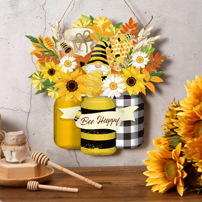 Bee Welcome Sign Wooden Yellow Bee Sign Bee Flower Gnome Wood Hanging Door Decor Farmhouse Porch Outdoor Front Door Decorations Supplies (Bee Style)