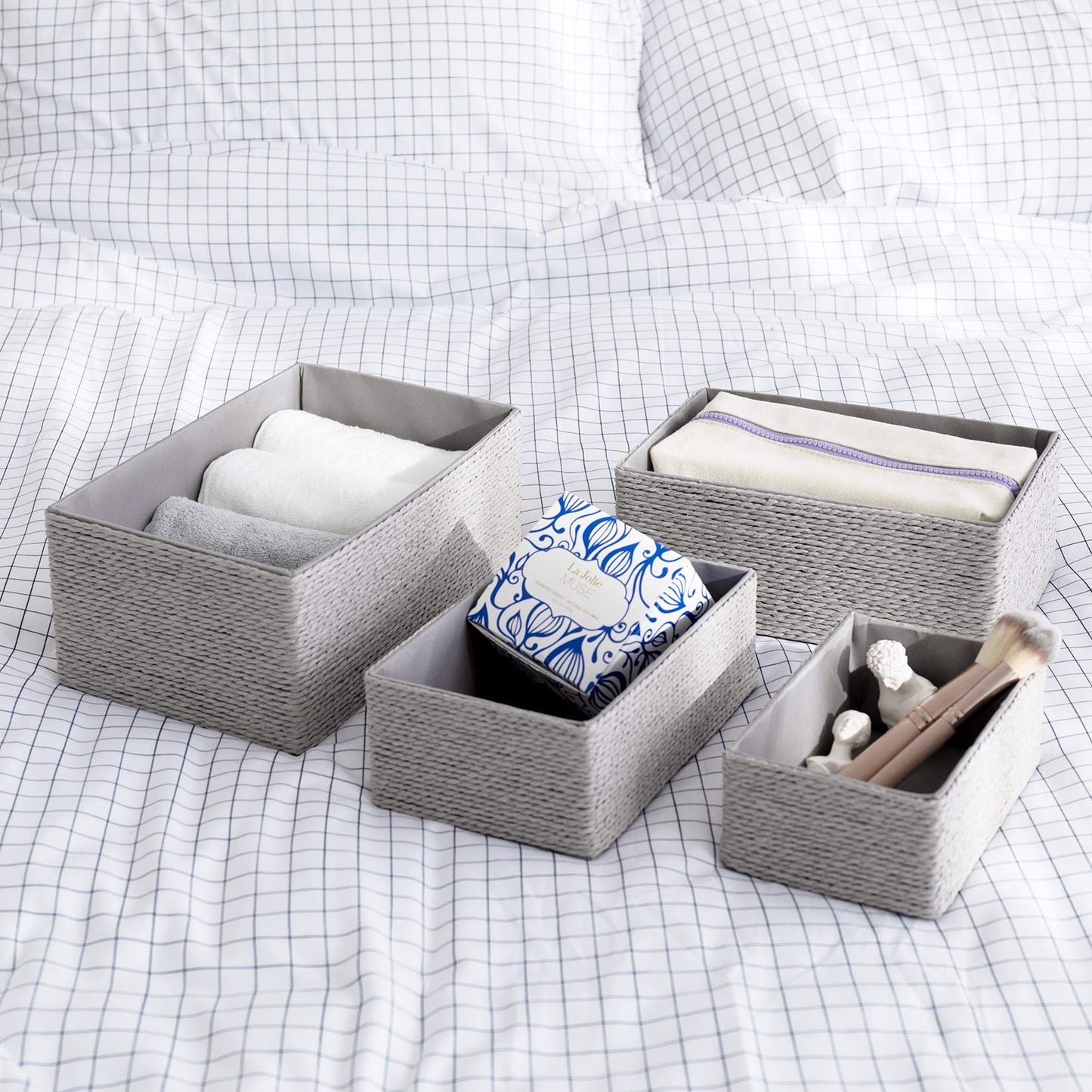 La Jolíe Muse Storage Baskets Set 4 - Woven Basket Paper Storage Bin, Boxes for Makeup Closet Bathroom Bedroom Living Room, Grey