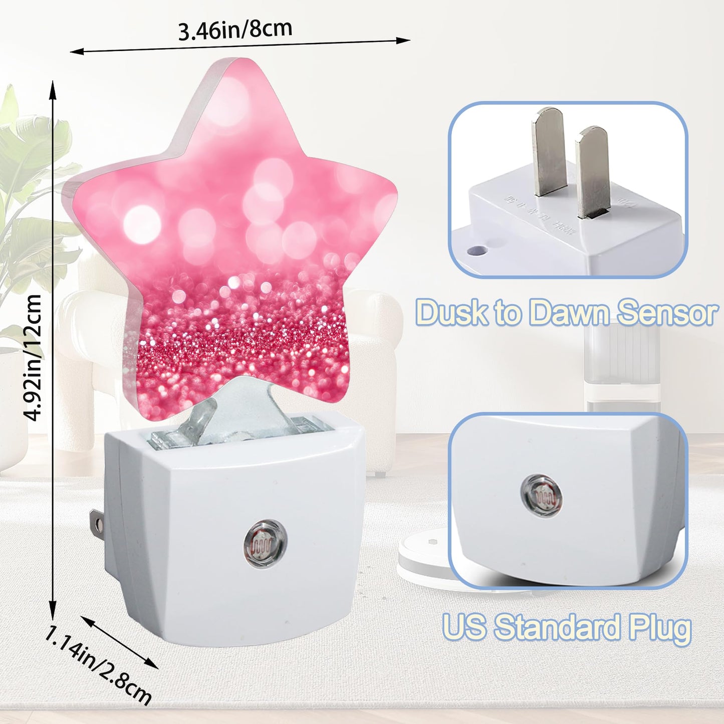 Pink Red Glittering Dusk to Dawn Star Night Light,Abstract Christmas Smart Sensor Nightlight for Bedroom Kitchen Hallway Stairs,Plug-in Energy Efficient Decor Desk Lamp Women Men Gifts