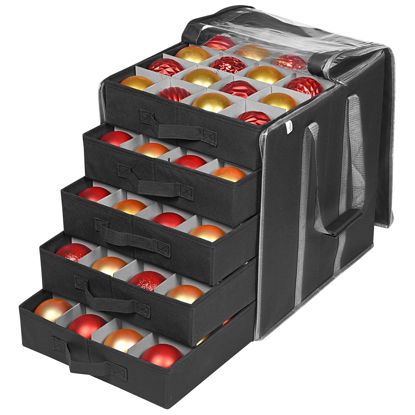 ProPik Christmas Ornament Storage Boxes with Dividers - 5 Separate Trays - Ornament Holder - Keeps 100 Holiday Ornaments - Durable Carrying Bag Handles Organizer Storage Box (Black)