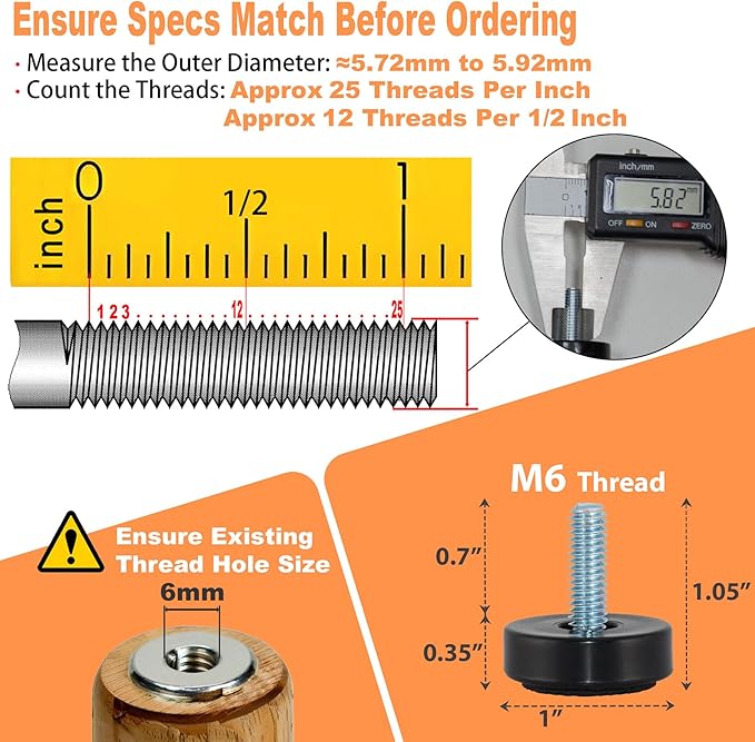 M6 Adjustable Furniture Leveler, 16 Pack Rubber Leveling Feet Screws in Threaded
