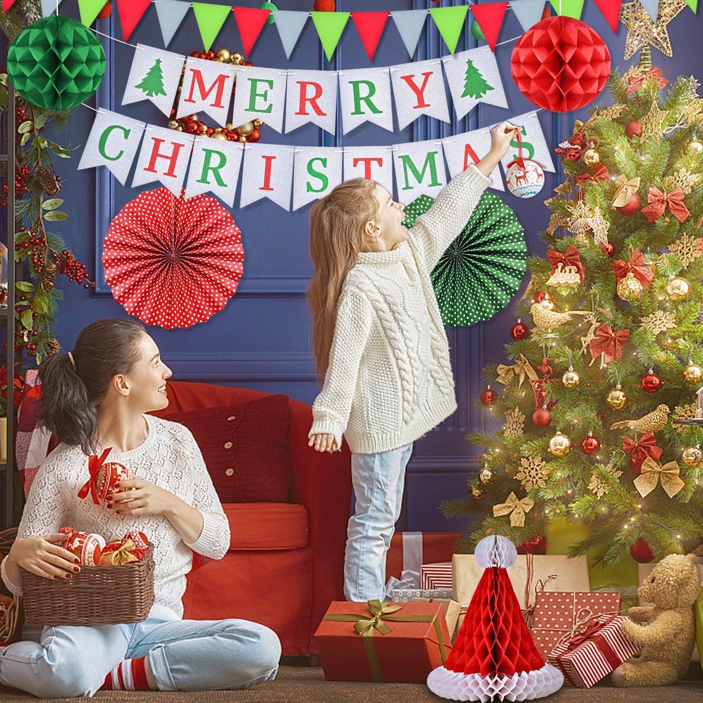 Ahfulife Christmas Party Decorations Supplies Set, Reusable Xmas Decor Kit Indoor - Merry Christmas Sign Banner for Home, Xmas Pennant Banner, Hanging Paper Tissue Fan Tree Garland