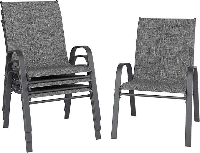 Patio Chairs Set of 4, Stackable Outdoor Dining Chairs for All Weather, Metal Modern Outside Furniture Chair for Pool Side, Garden, Backyard Deck, Dark Grey