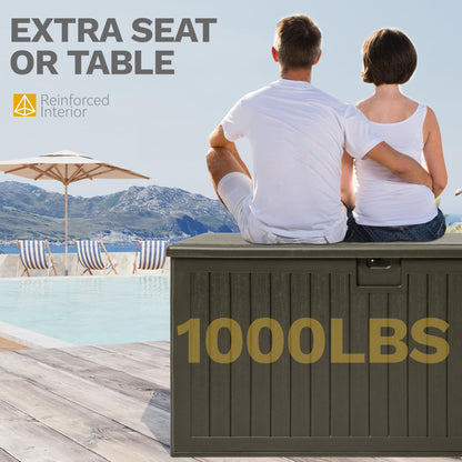 DWVO 230 Gallon Resin Outdoor Storage Box, XXL Double-Wall Waterproof Deck Box with Divider, Doubles as Table or Seating with 1000 lbs Capacity, Lockable (Light Brown)